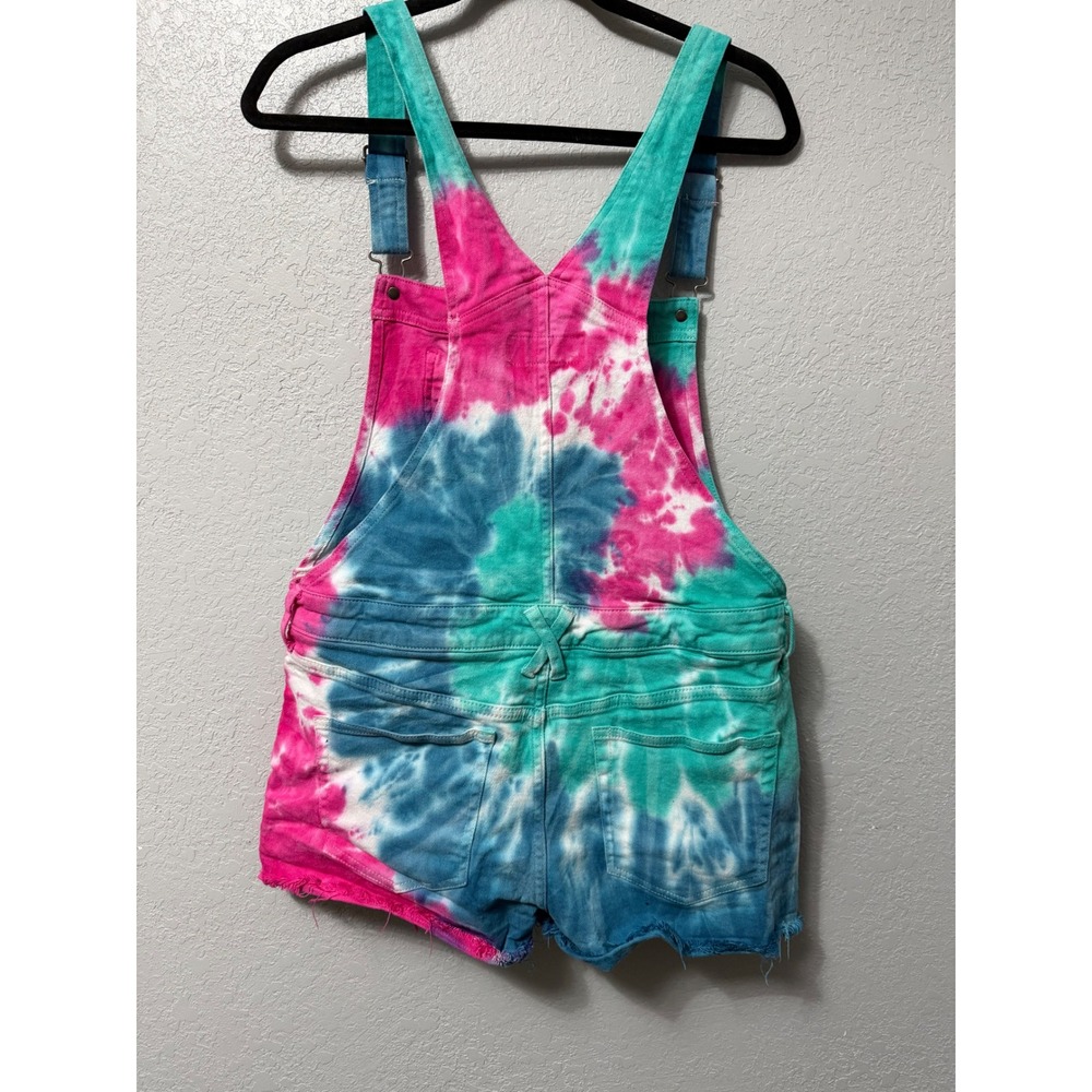 HT Denim Tie Dye Shortalls Pink Teal Blue Stretch Denim Overalls Womens Large - Picture 2 of 7